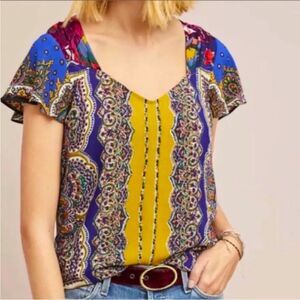 Moulinette Soeurs Anthropologie Colorful Teresita Scarf Print Blouse Top Size 4